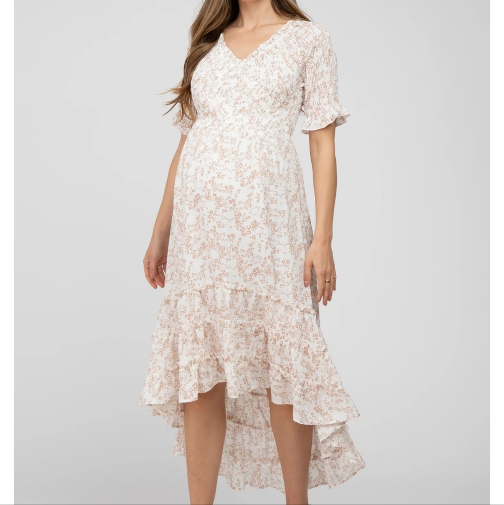 Floral High-Low Maternity Dress - Cream/Blush
